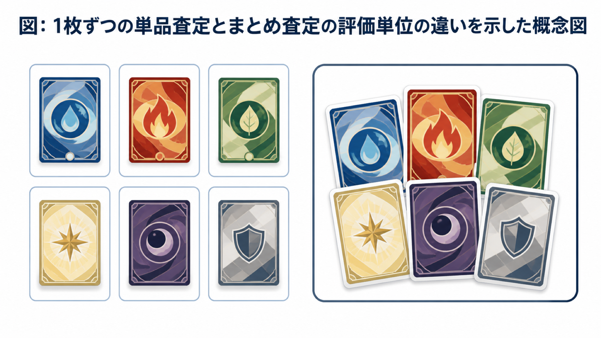 図: 1枚ずつの単品査定とまとめ査定の評価単位の違いを示した概念図