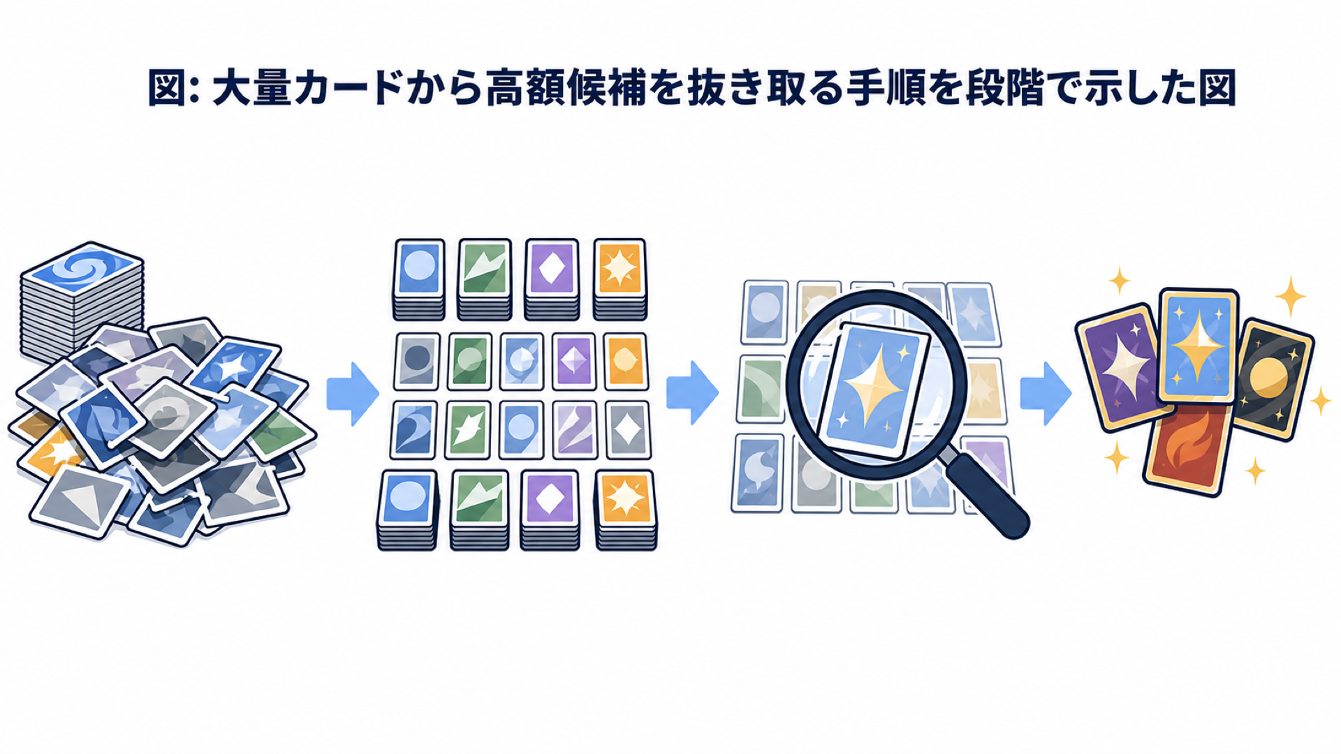 図: 大量カードから高額候補を抜き取る手順を段階で示した図