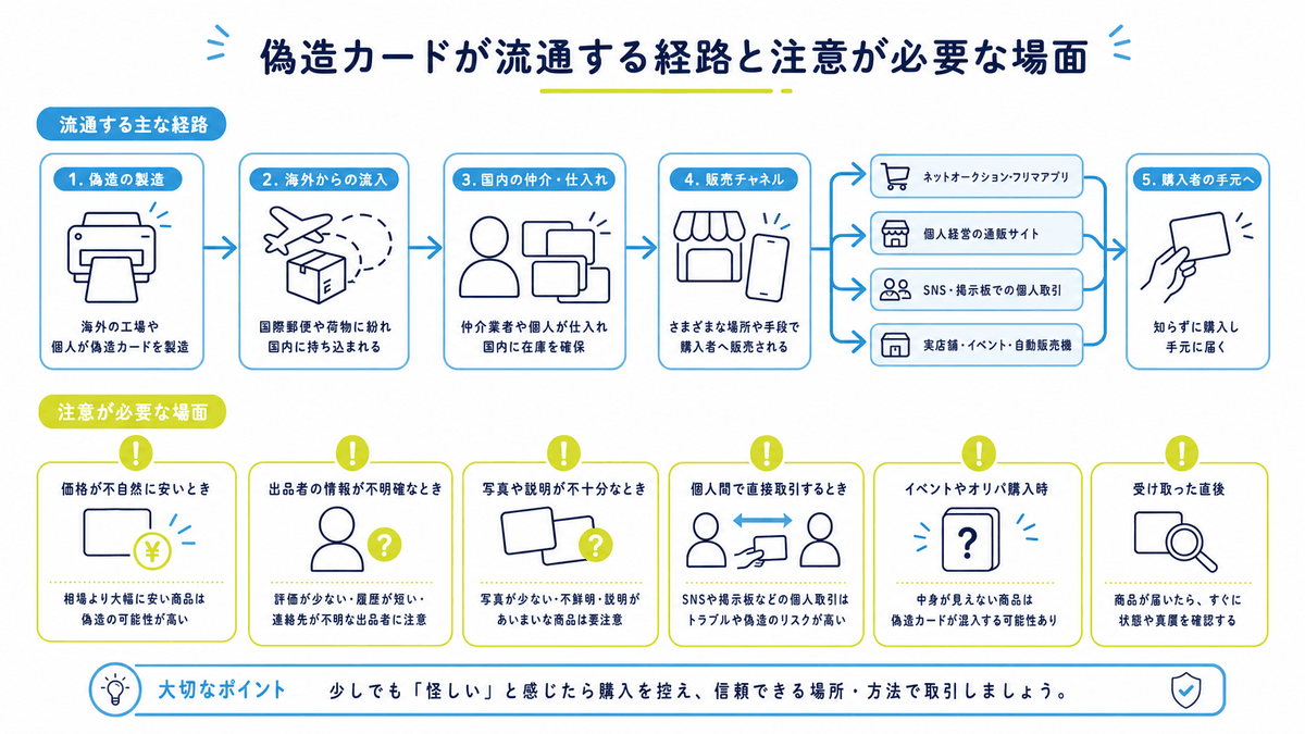 図: 偽造カードが流通する経路と注意が必要な場面