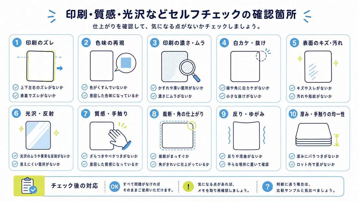 図: 印刷・質感・光沢などセルフチェックの確認箇所
