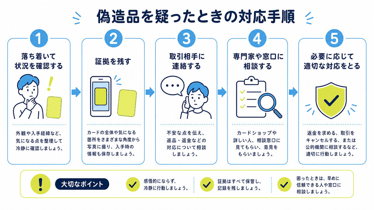 図: 偽造品を疑ったときに取るべき対応の順序