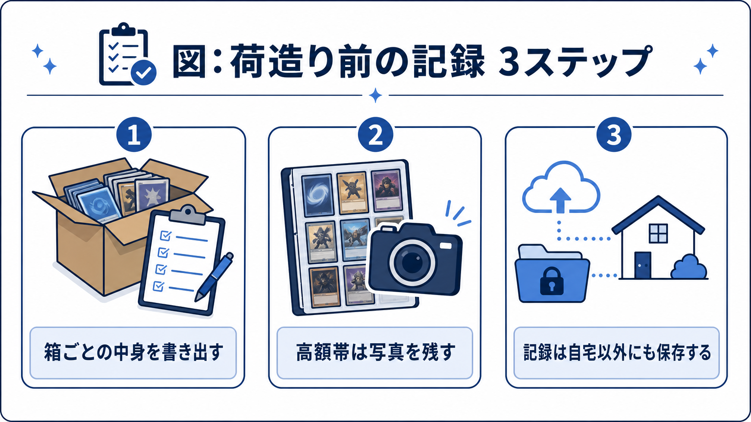 図: 荷造り前の記録 3ステップ 箱ごとの中身を書き出す 高額帯は写真を残す 記録は自宅以外にも保存する