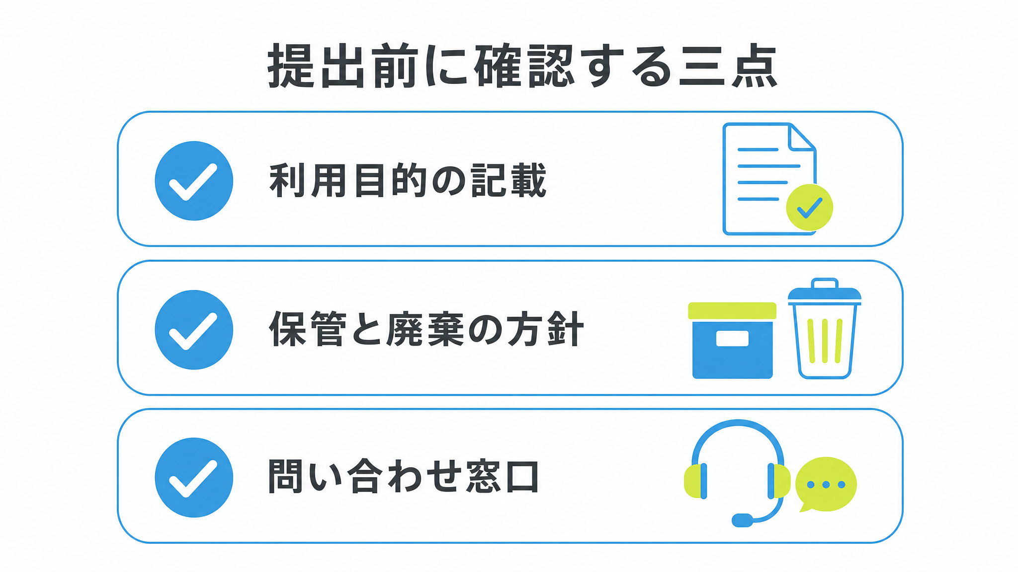 図: 提出前に確認する三点（利用目的の記載・保管と廃棄の方針・問い合わせ窓口）