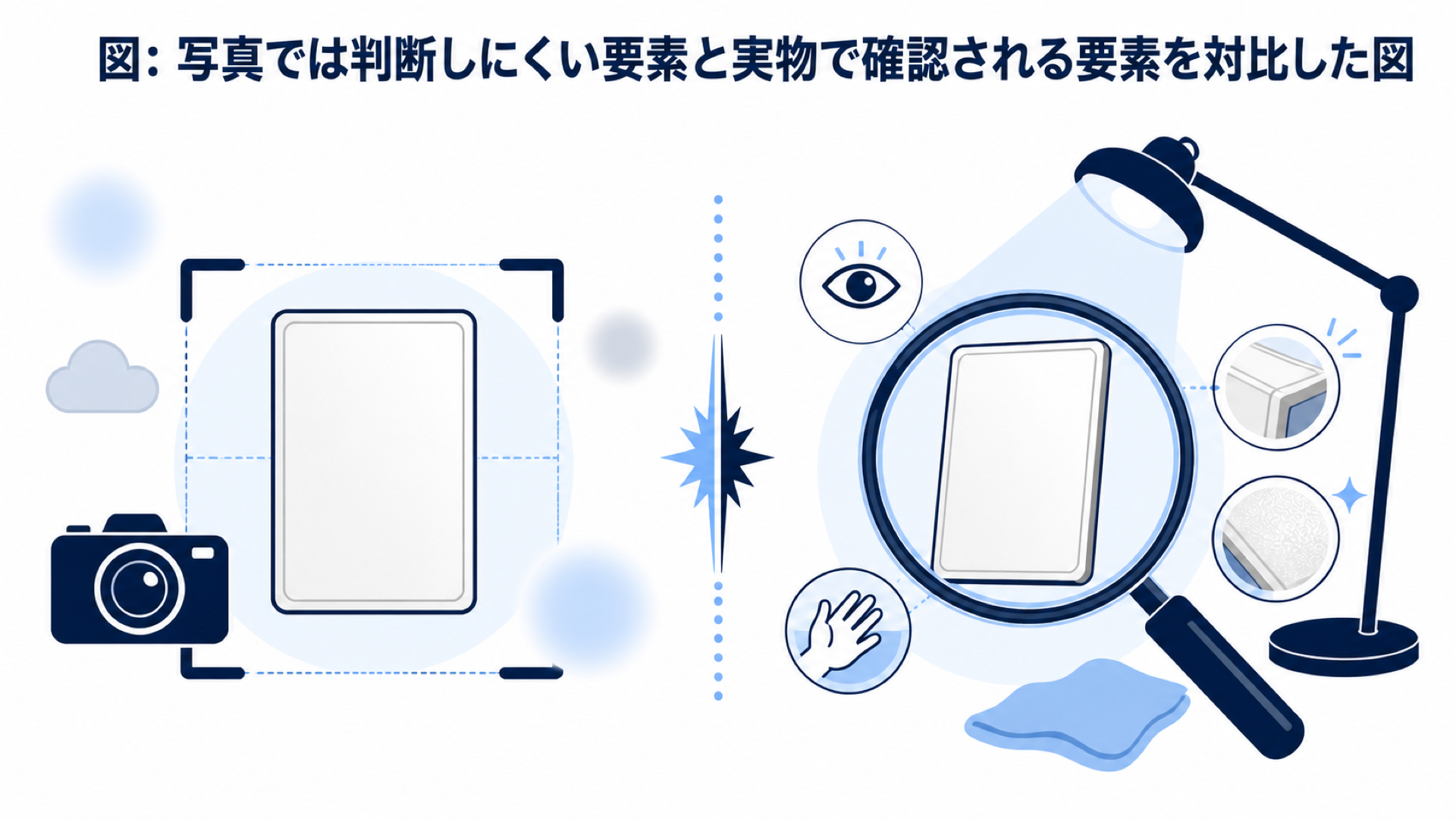 図: 写真では判断しにくい要素と実物で確認される要素を対比した図