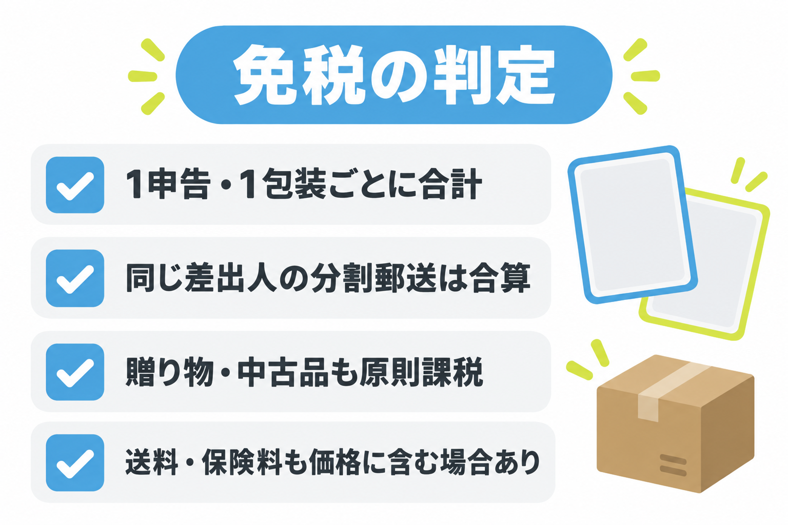 図: 免税の判定で確認する項目のチェックリスト（申告ごとの合計・分割郵送の合算・贈り物や中古品も原則課税）