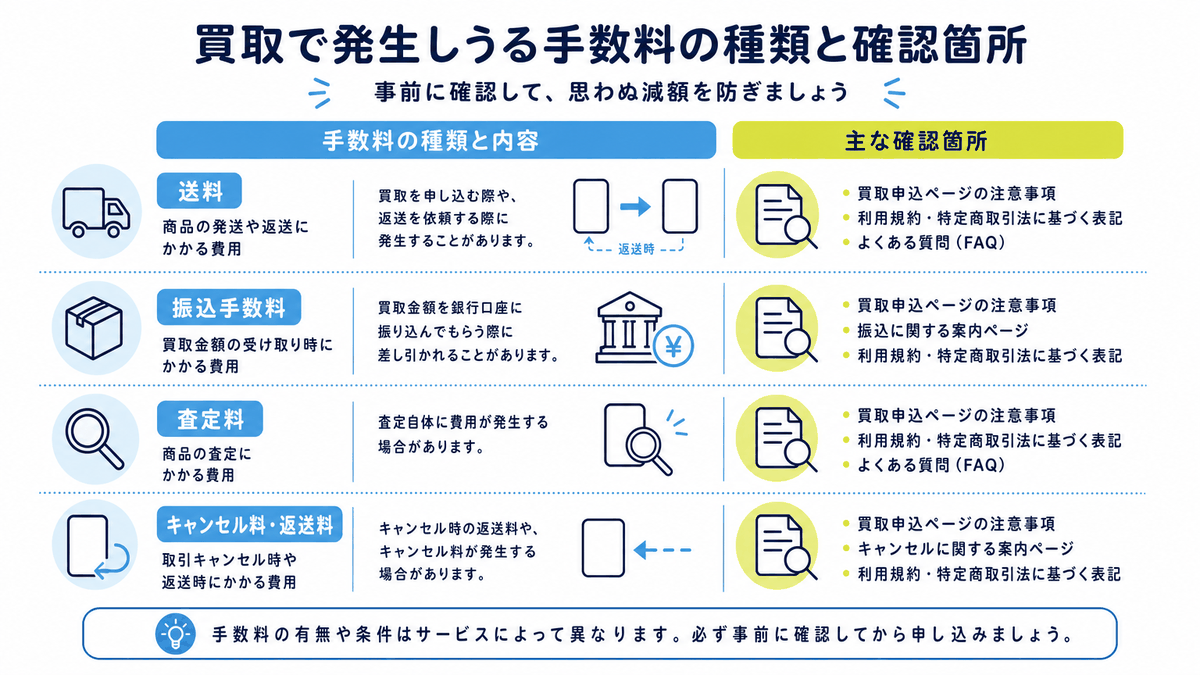 図: 買取で発生しうる手数料の種類と確認箇所