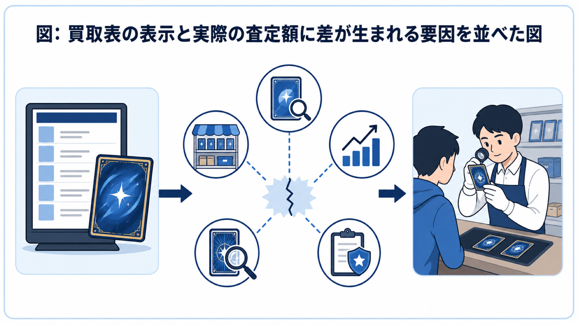 図: 買取表の表示と実際の査定額に差が生まれる要因を並べた図