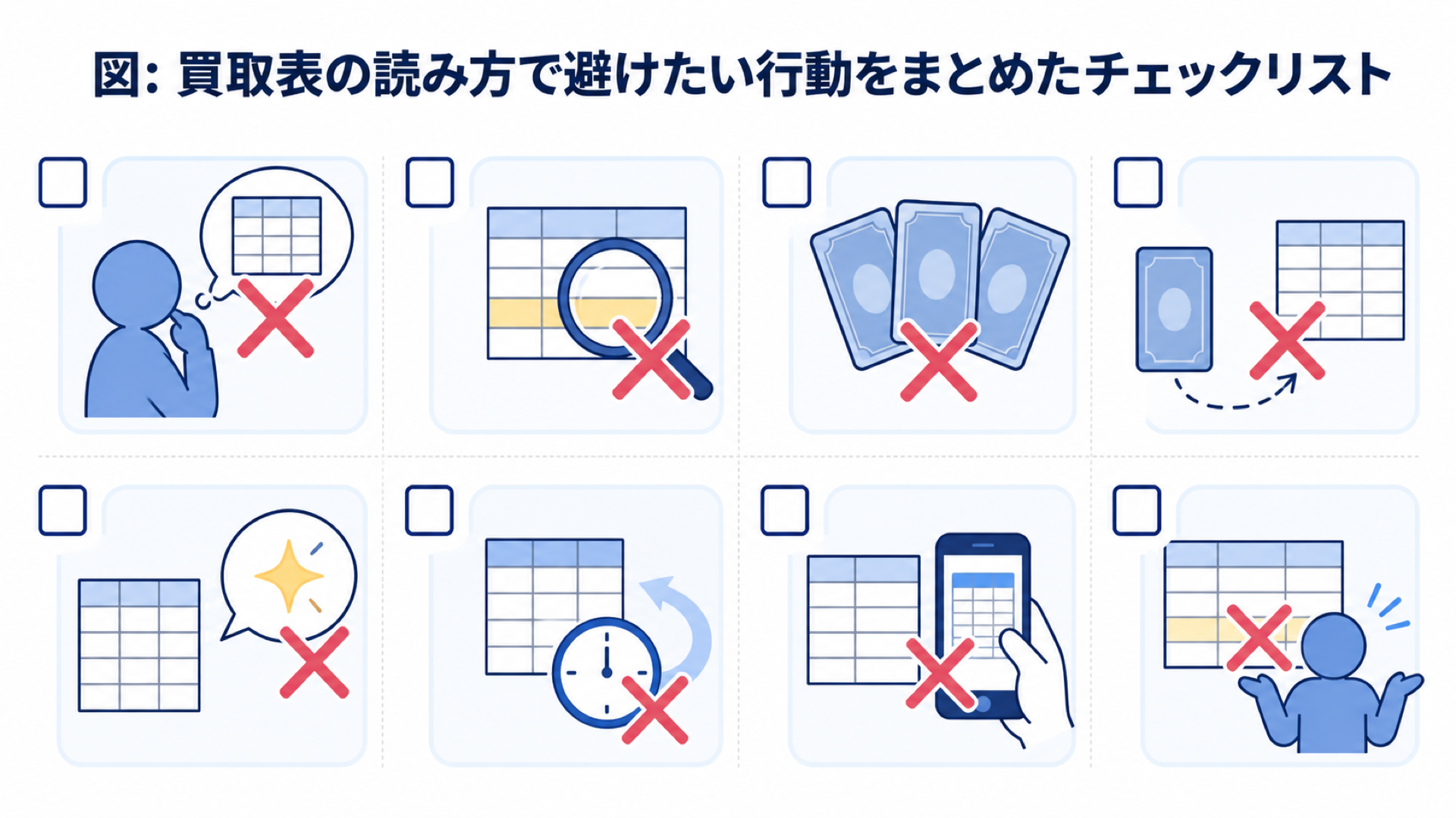 図: 買取表の読み方で避けたい行動をまとめたチェックリスト