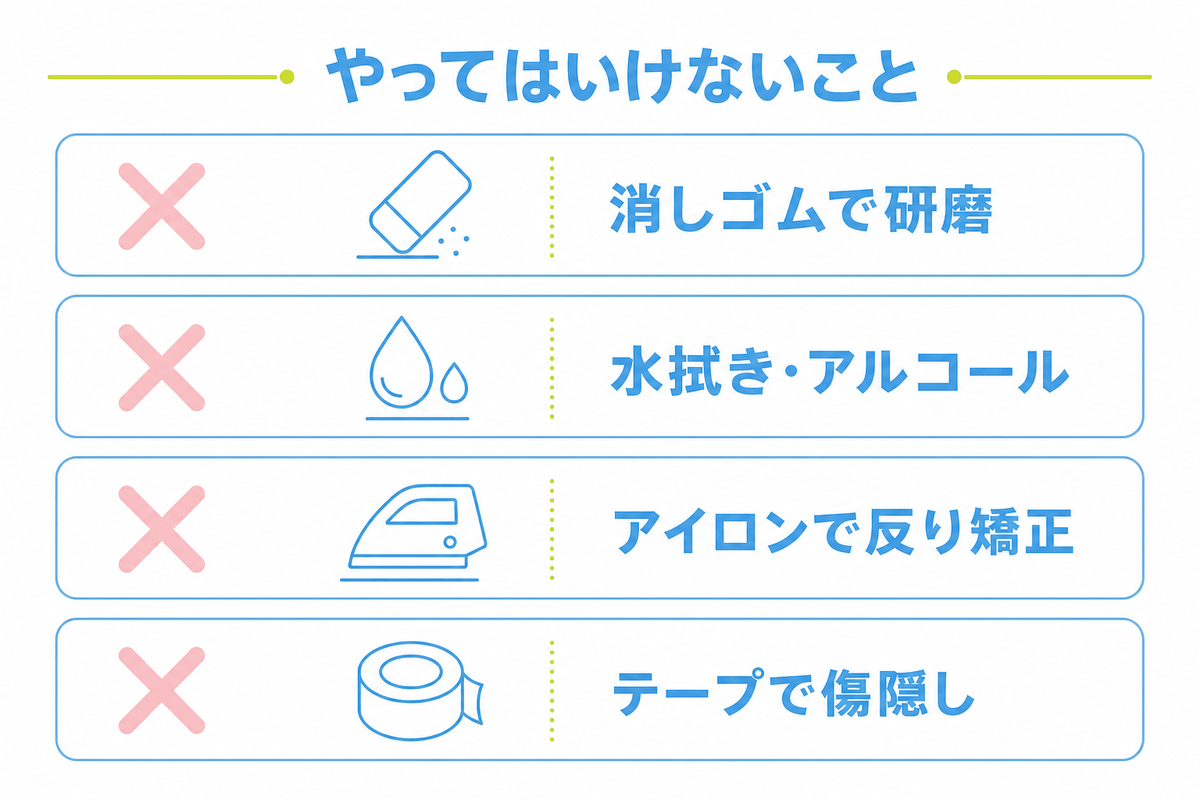 図: ポケカ買取査定前にやってはいけない行為(消しゴムでの研磨・水拭き・アイロンでの反り矯正・テープでの傷隠し)をNGアイコンで示したチェックリスト図解