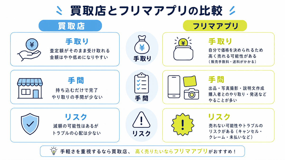 図: 買取店とフリマアプリを手取り・手間・リスクで比較した対比図