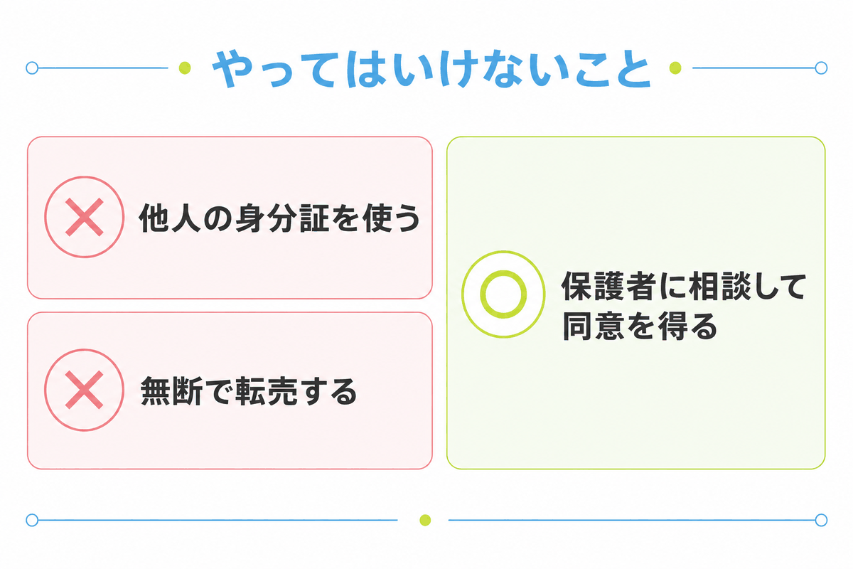 図: 未成年の買取でやってはいけないこと(他人名義の利用・無断転売)の比較イメージ