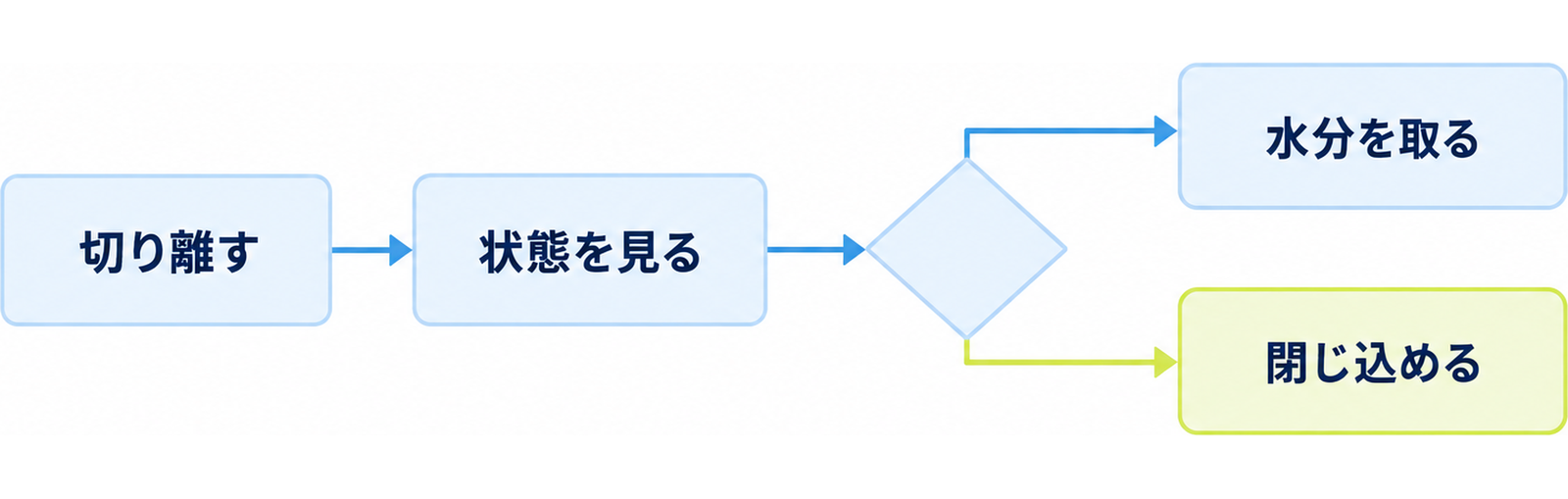 図: 濡れとカビの初動の分岐（切り離す・状態を見る・濡れているなら水分を取る・カビが出ているなら閉じ込める）
