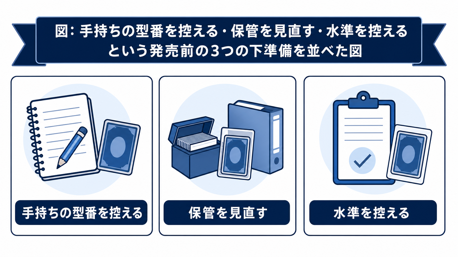 図: 手持ちの型番を控える・保管を見直す・水準を控えるという発売前の3つの下準備を並べた図