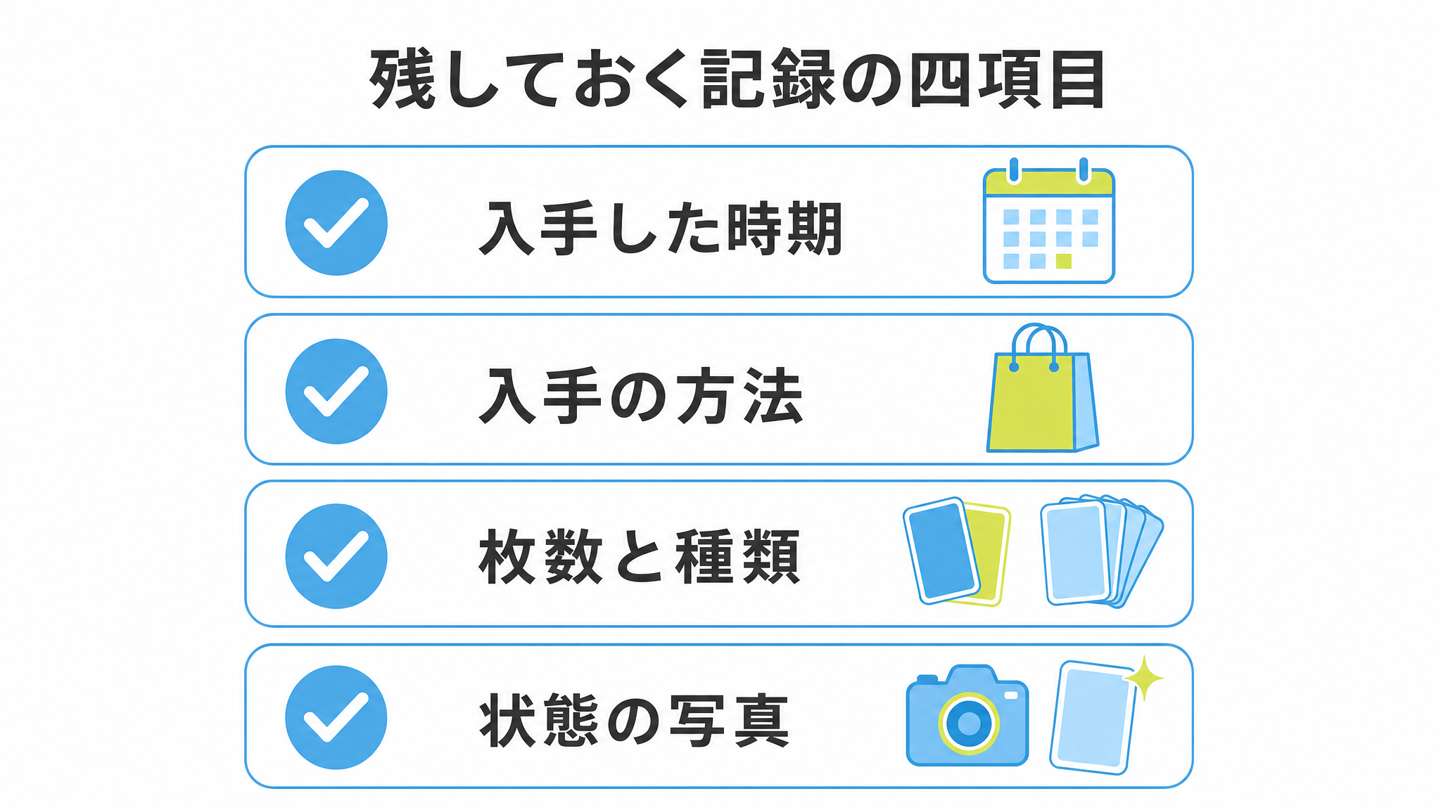 図: 残しておく記録の四項目（入手した時期・入手の方法・枚数と種類・状態の写真）