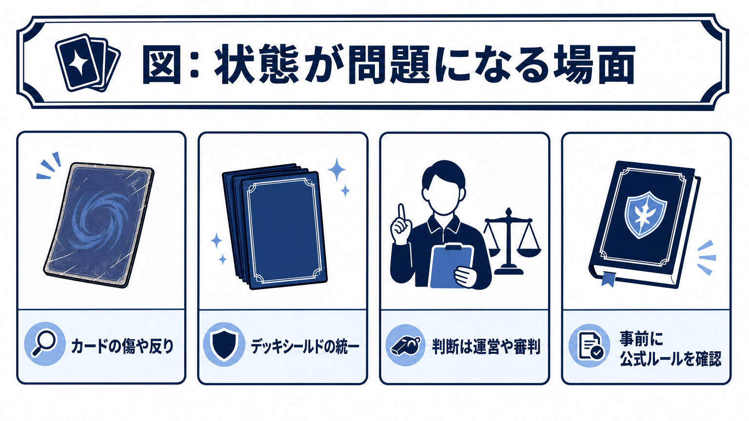 図: 状態が問題になる場面 カードの傷や反り デッキシールドの統一 判断は運営や審判 事前に公式ルールを確認