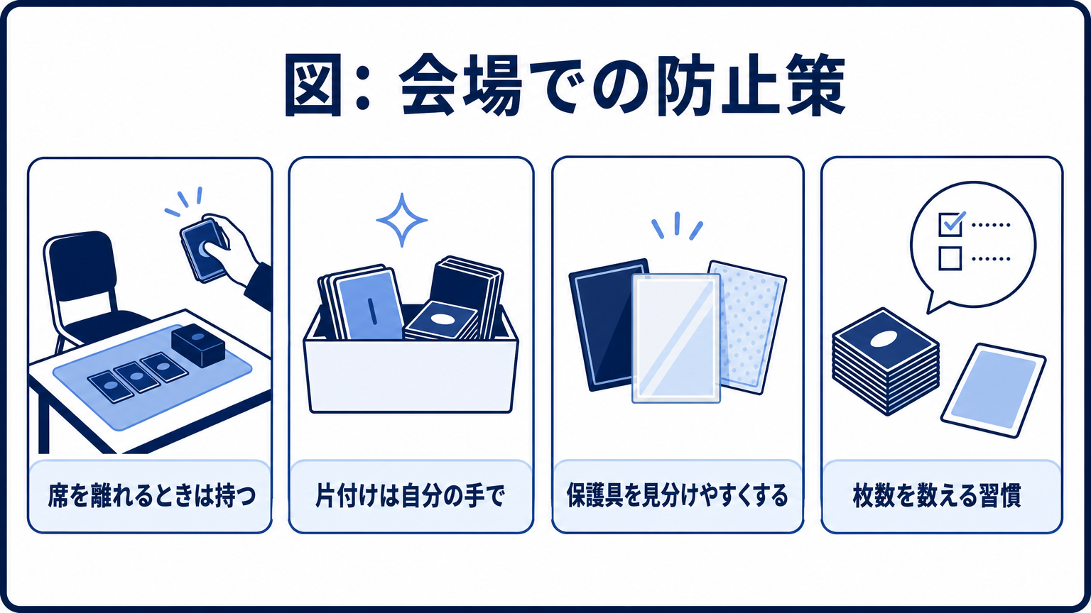 図: 会場での防止策 席を離れるときは持つ 片付けは自分の手で 保護具を見分けやすくする 枚数を数える習慣