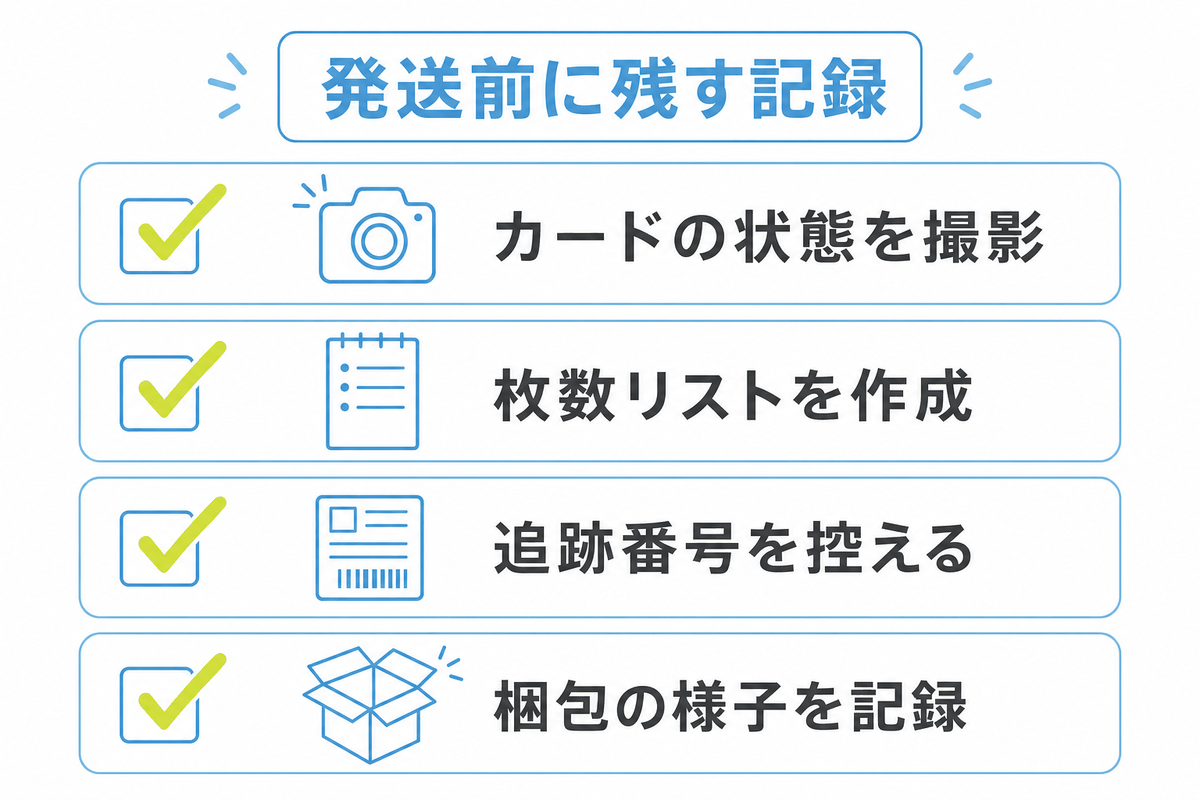 図: 発送前の写真記録と追跡番号を控える手順を示すチェックリスト