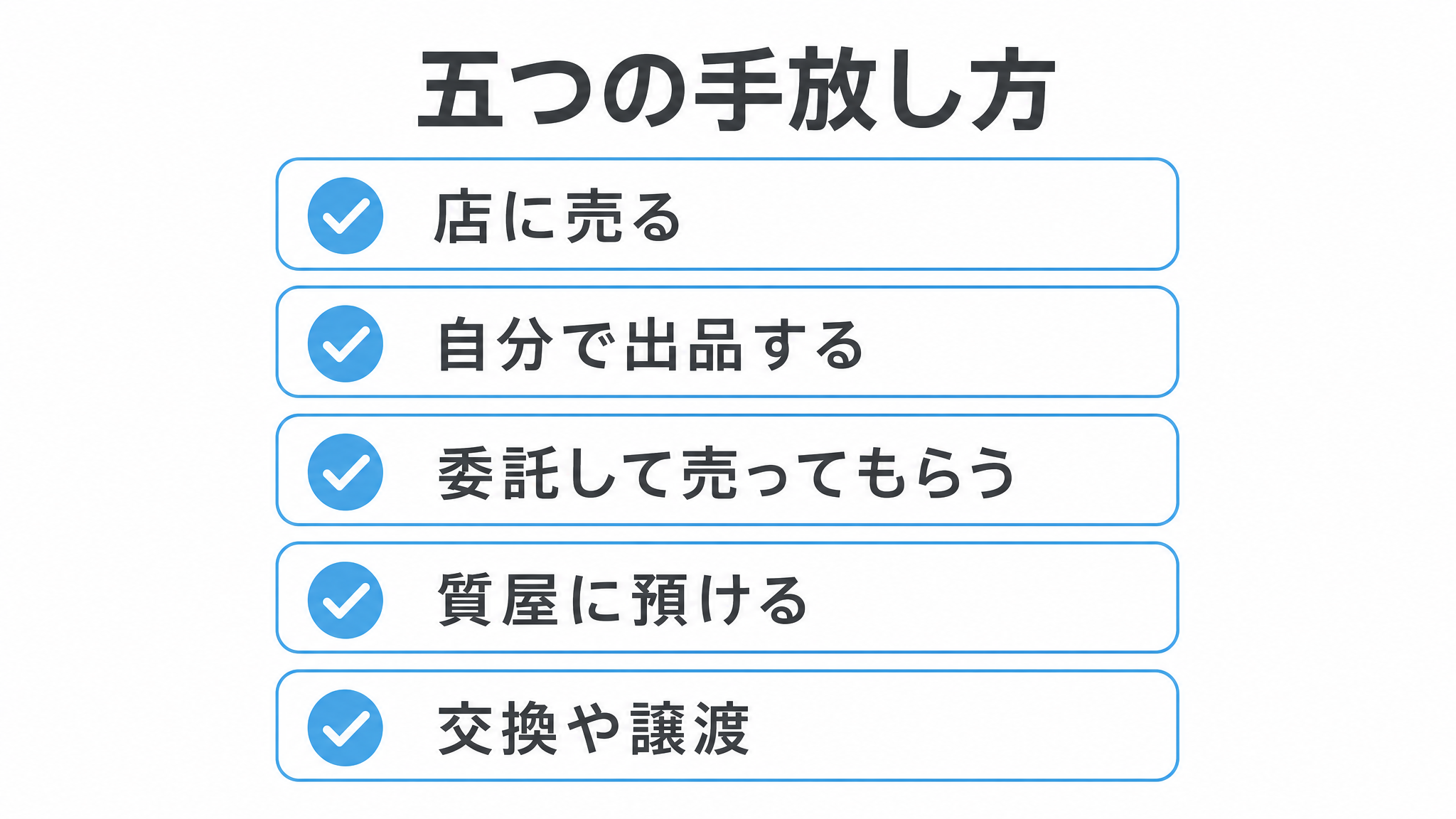図: 五つの手放し方（店に売る・自分で出品する・委託する・質屋に預ける・交換や譲渡）